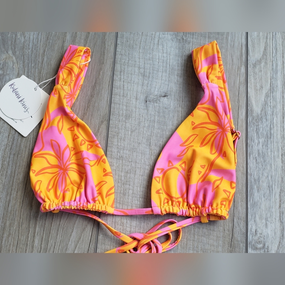 💛🧡Kulani Kinis Pink and Orange Floral Triangle Bikini Top🧡💛